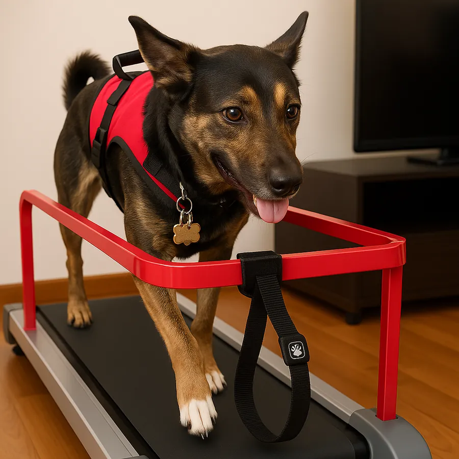 Cão com peitoral vermelho caminhando em esteira de fisioterapia
