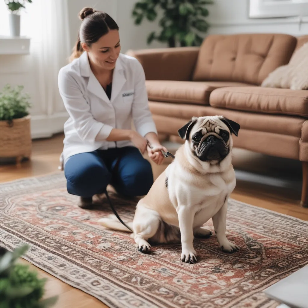 Veterinária avaliando um pug em casa, sobre o tapete da sala