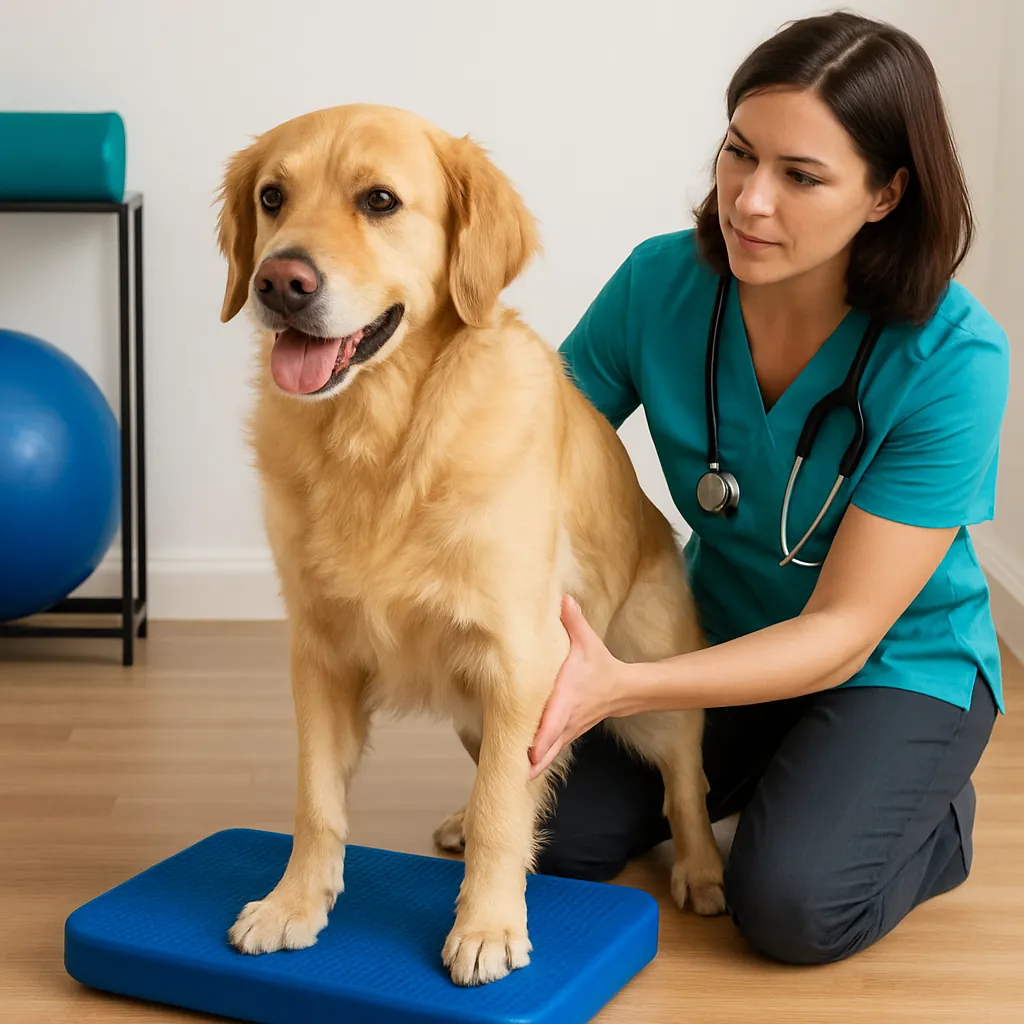 Fisioterapeuta veterinária trabalhando o equilíbrio de um golden retriever sobre disco proprioceptivo